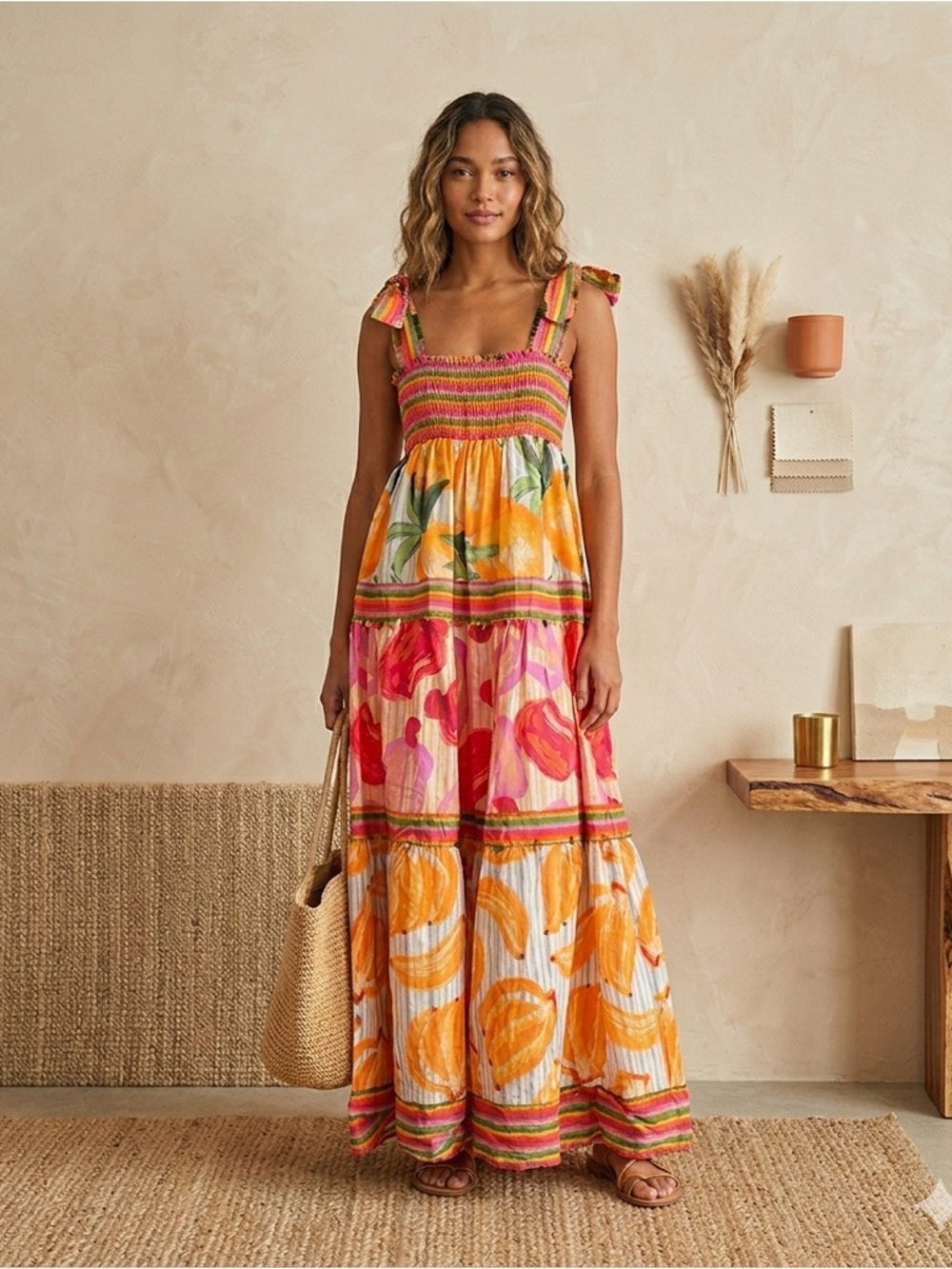 Farm Rio x Anthropologie Fruits Scarves Tiered Cotton Maxi Dress NWT Small